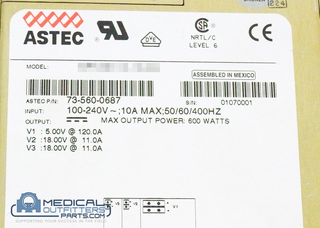 Astec Power Supply, 100240V, 10A, 50/60/400Hz, PN MP63E1010OM, 73